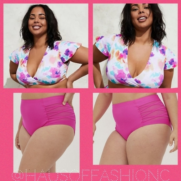 TORRID Multi Watercolor Floral Swim Top + High Waist Pink Lattice Swim B… - Picture 2 of 11